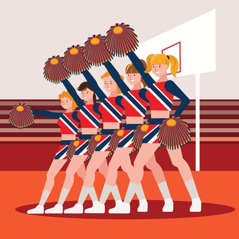 Högskola Cheerleaders Cheering till fläktarna i stativen under ett hemkomstkampanjspel vektor