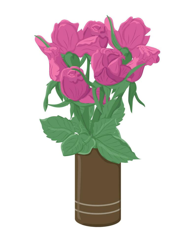 rosa hand dragen platt ro knippa i keramisk vas på vit bakgrund. botanik vektor isolerat illustration. blommig sammansättning för hälsning kort, inbjudan, bakgrund eller baner