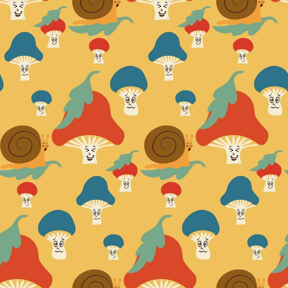 barn tecknad serie sömlös mönster med svamp på gul bakgrund. retro häftig element svamp, trollsländor, sniglar i minimalistisk stil med ansiktsbehandling uttryck. idealisk för dekoration, barn textil- vektor