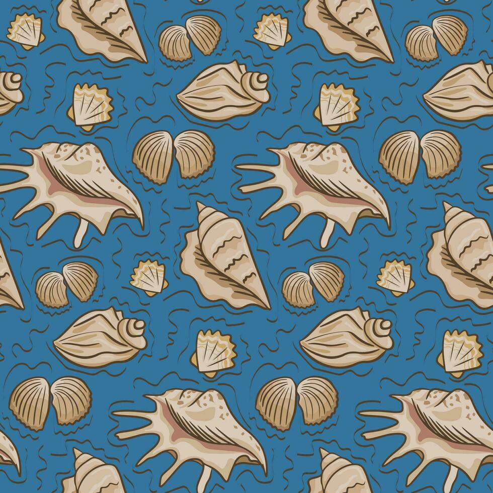 nahtlos Muster mit anders nett von Muscheln. Gliederung Vektor eben ozeanisch oder Marine Muscheln auf Blau Hintergrund. geeignet zum Kinder Textil, Hintergrund, Verpackung, Hintergrund, Innere Dekoration
