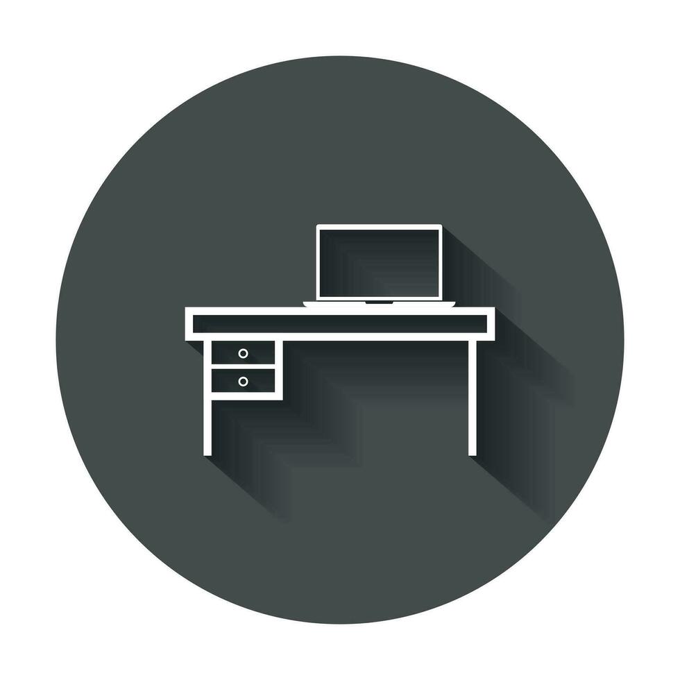 Möbel Tabelle mit Laptop Computer Symbol. Tabelle Vektor Illustration mit lange Schatten.