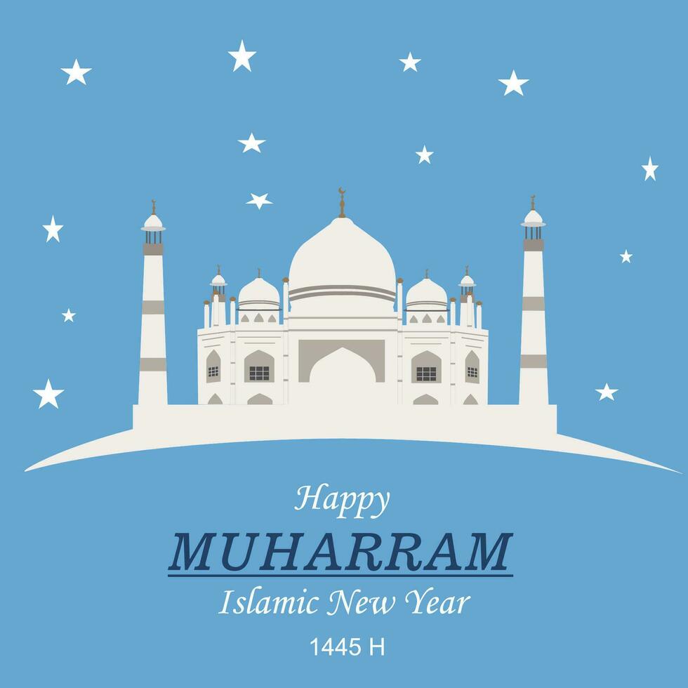 Lycklig ny hijri år, islamic ny år 1445 hijriyah 1 Muharram kort design dekorativ Lycklig Muharram bakgrund och islamic ny år hälsning kort mall med moské vektor