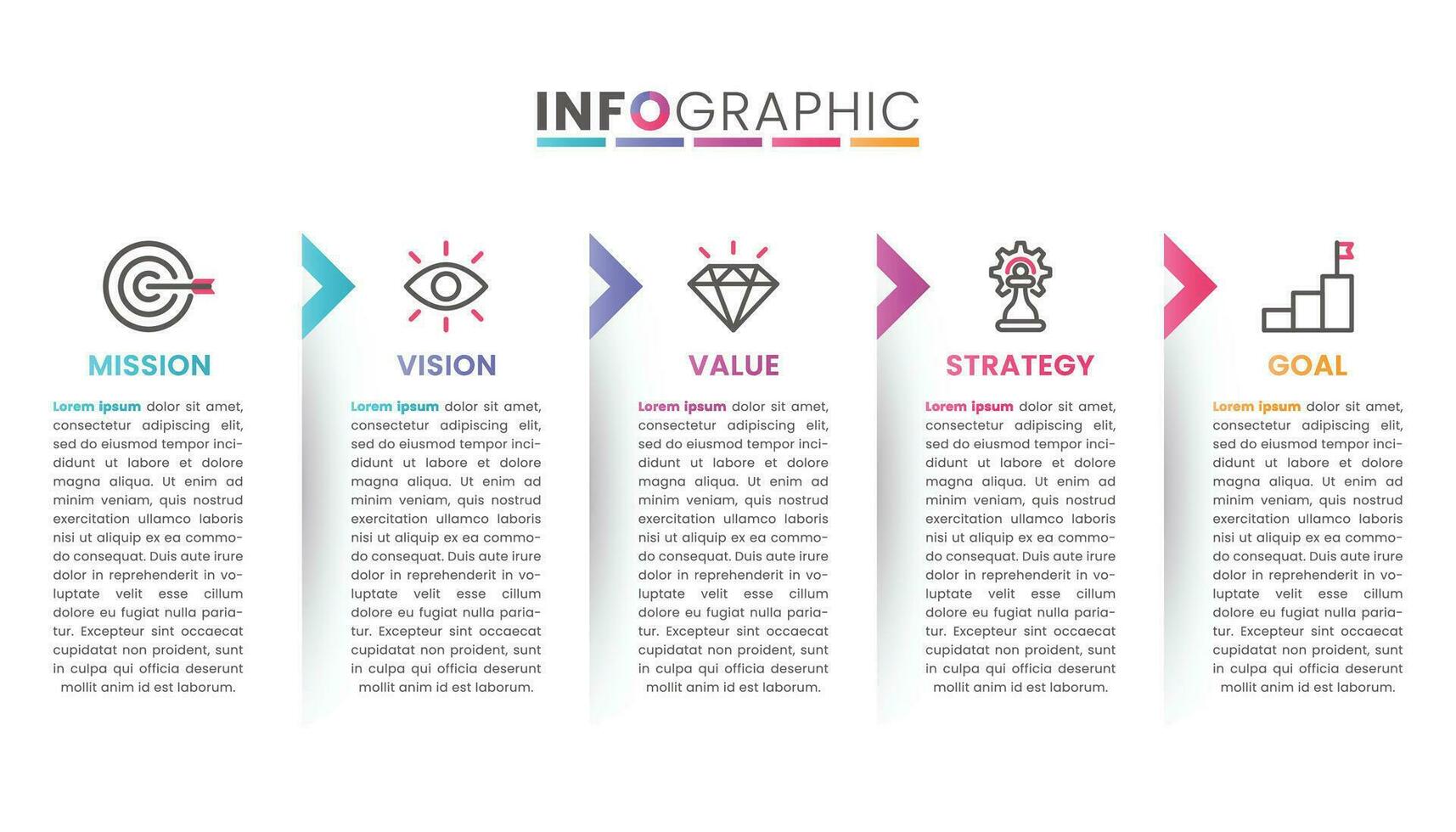 Mission, Vision, Wert, Strategie und Tor von Unternehmen mit Text. Geschäft Präsentation Infografik vektor