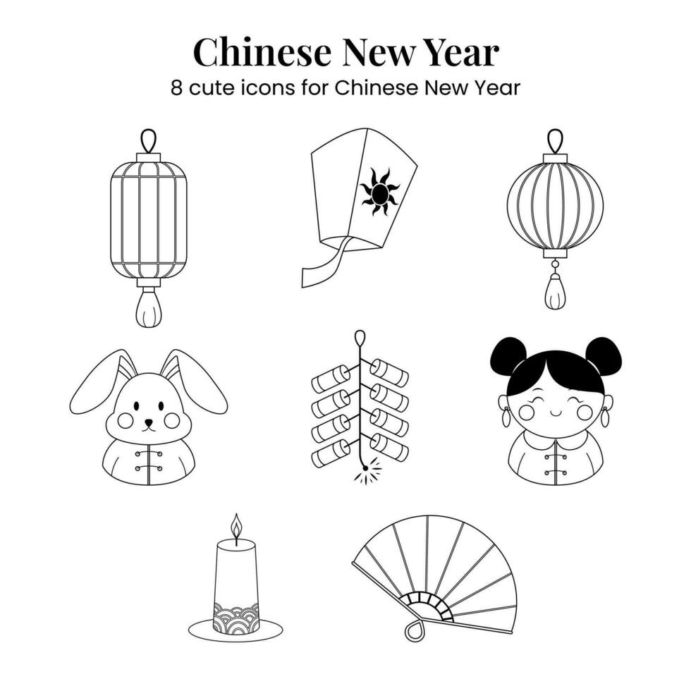 Chinesisch Neu Jahr Symbol lineart schwarz Weiß bereit zu Farbe. süß Symbol einstellen vektor