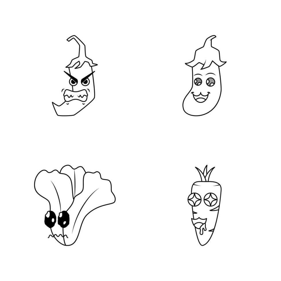 Linie Kunst Sammlung von Chili, Aubergine, Karotte, Senf Grüns. Umriss, Karikatur, Emoticon Stil. traurig, Glücklich, wütend, versucht Ausdruck. verwenden zum Logo, Aufkleber, drucken, Symbol, Symbol vektor