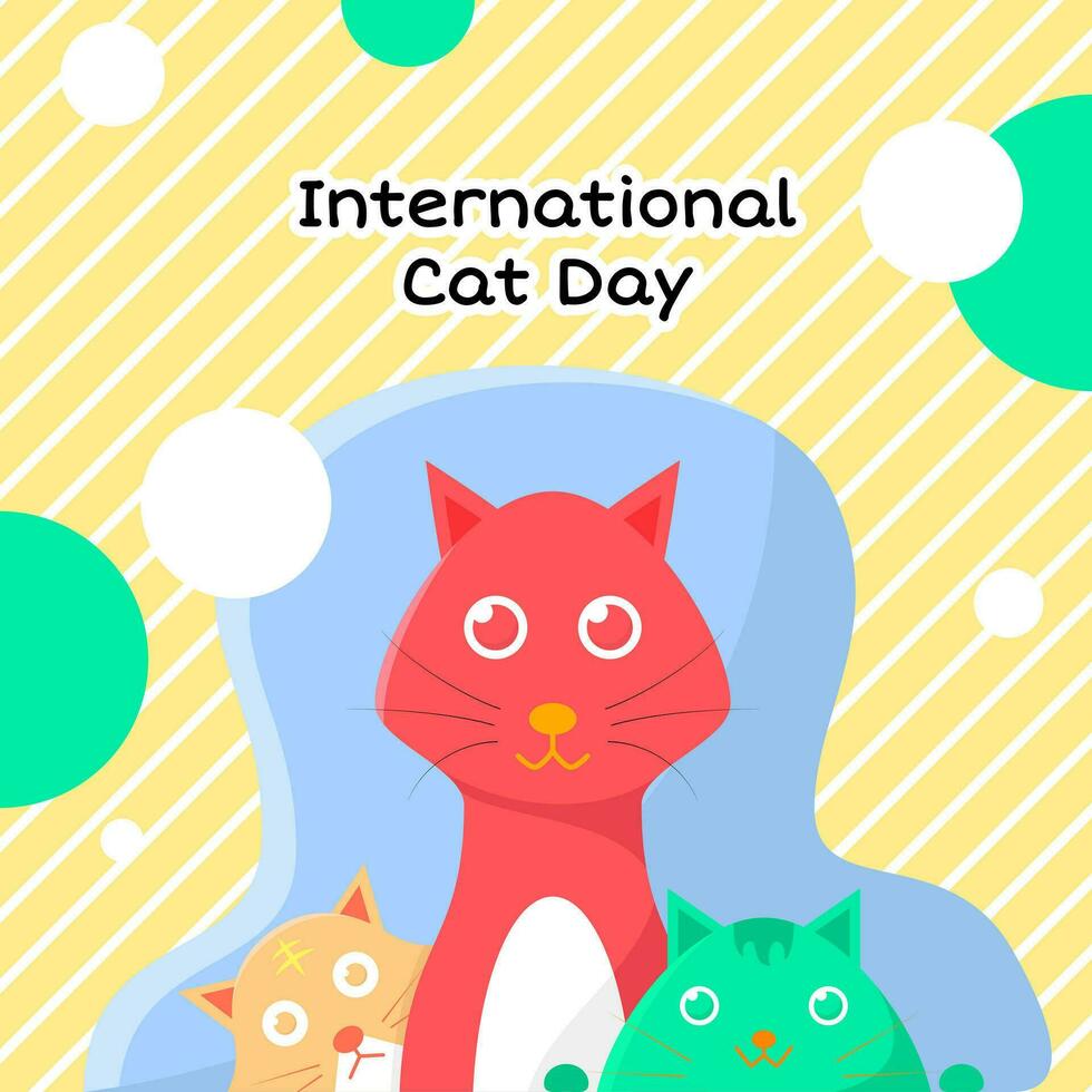 katt illustration för internationell katt dag design mall. diagonal Ränder mönster. platt, färgrik, glad, modern begrepp. Begagnade för hälsning kort, affisch, baner vektor
