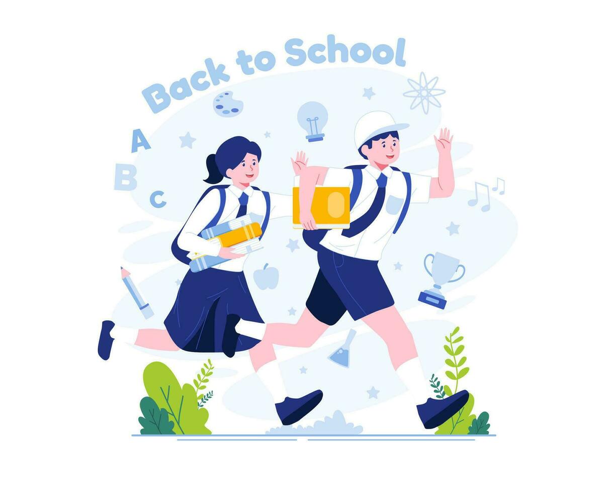 tillbaka till skola begrepp illustration. barn i skola uniformer med ryggsäckar löpning lyckligt tillbaka till skola vektor