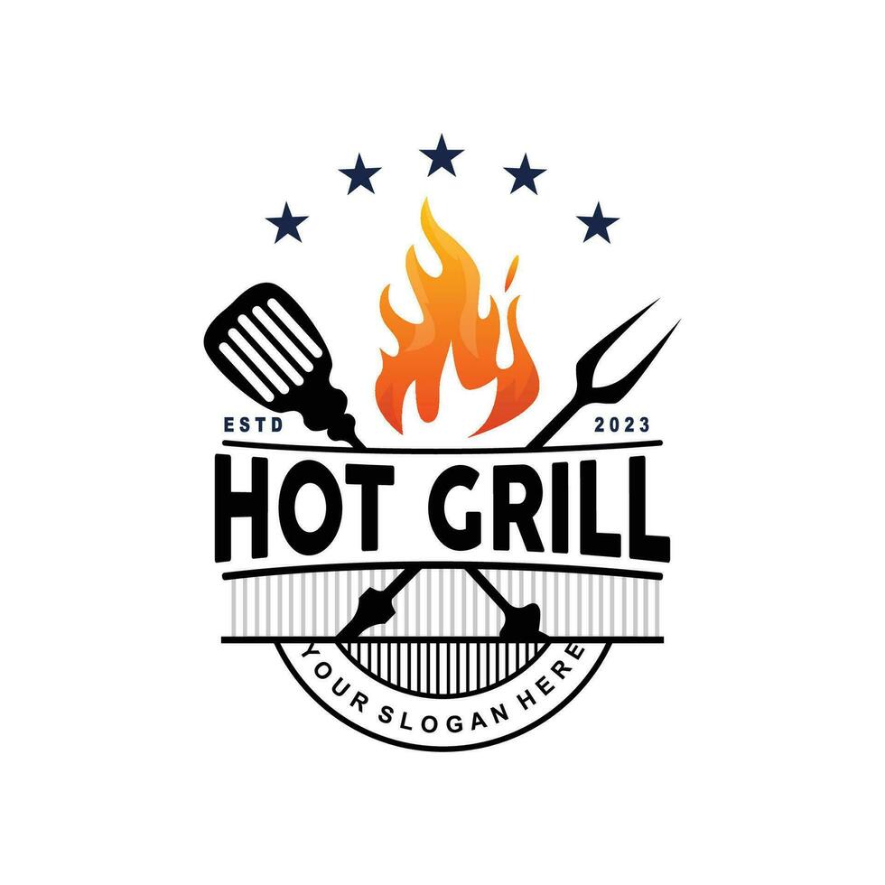 Grill Logo, heiß Grill Design mit Feuer und Spatel, Vektor Grill Grill Jahrgang Tripographie, retro rustikal Logo zum Cafe, Restaurant, Bar