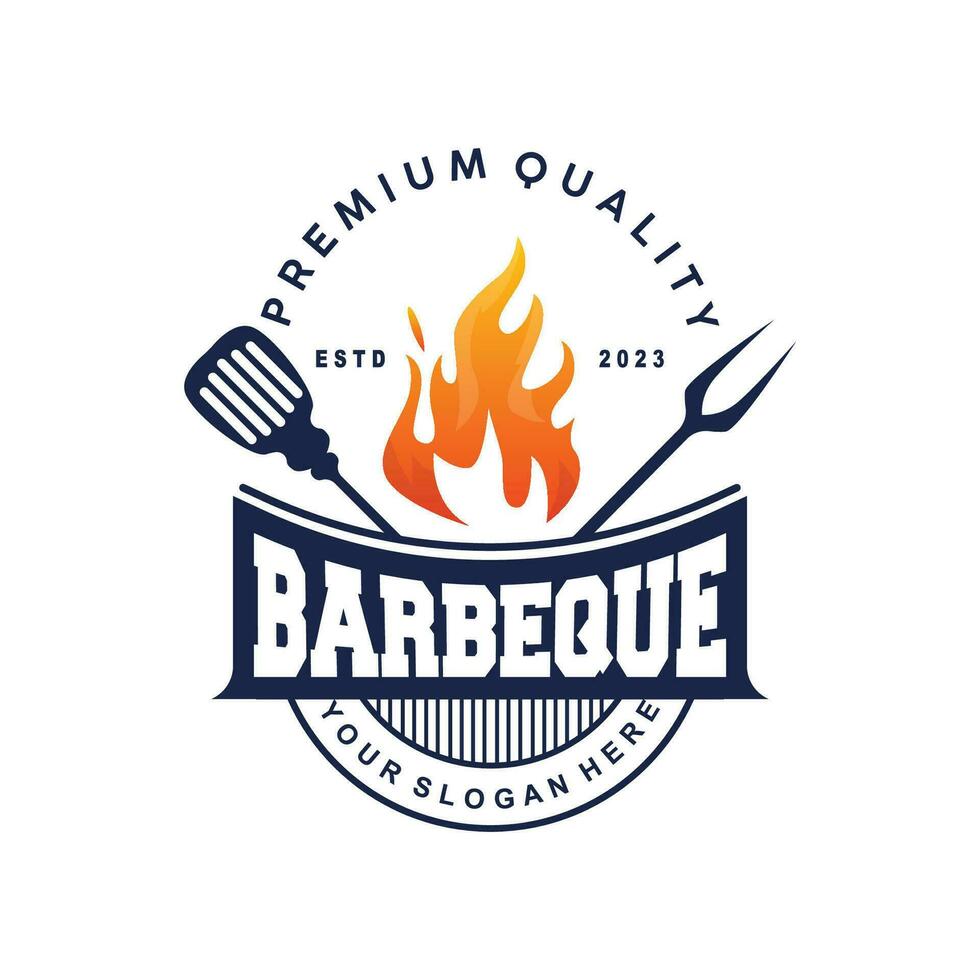 grilla logotyp, varm grill design med brand och spatel, vektor bbq grill årgång tripografi, retro rustik logotyp för Kafé, restaurang, bar