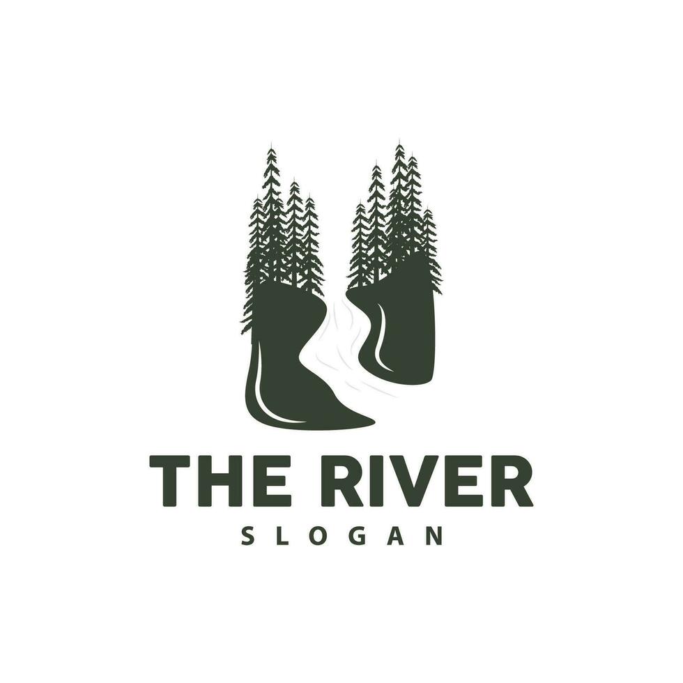 Flusslogodesign, Flussbachvektor, Flussuferillustration mit einer Kombination aus Bergen und Natur, Produktmarke vektor