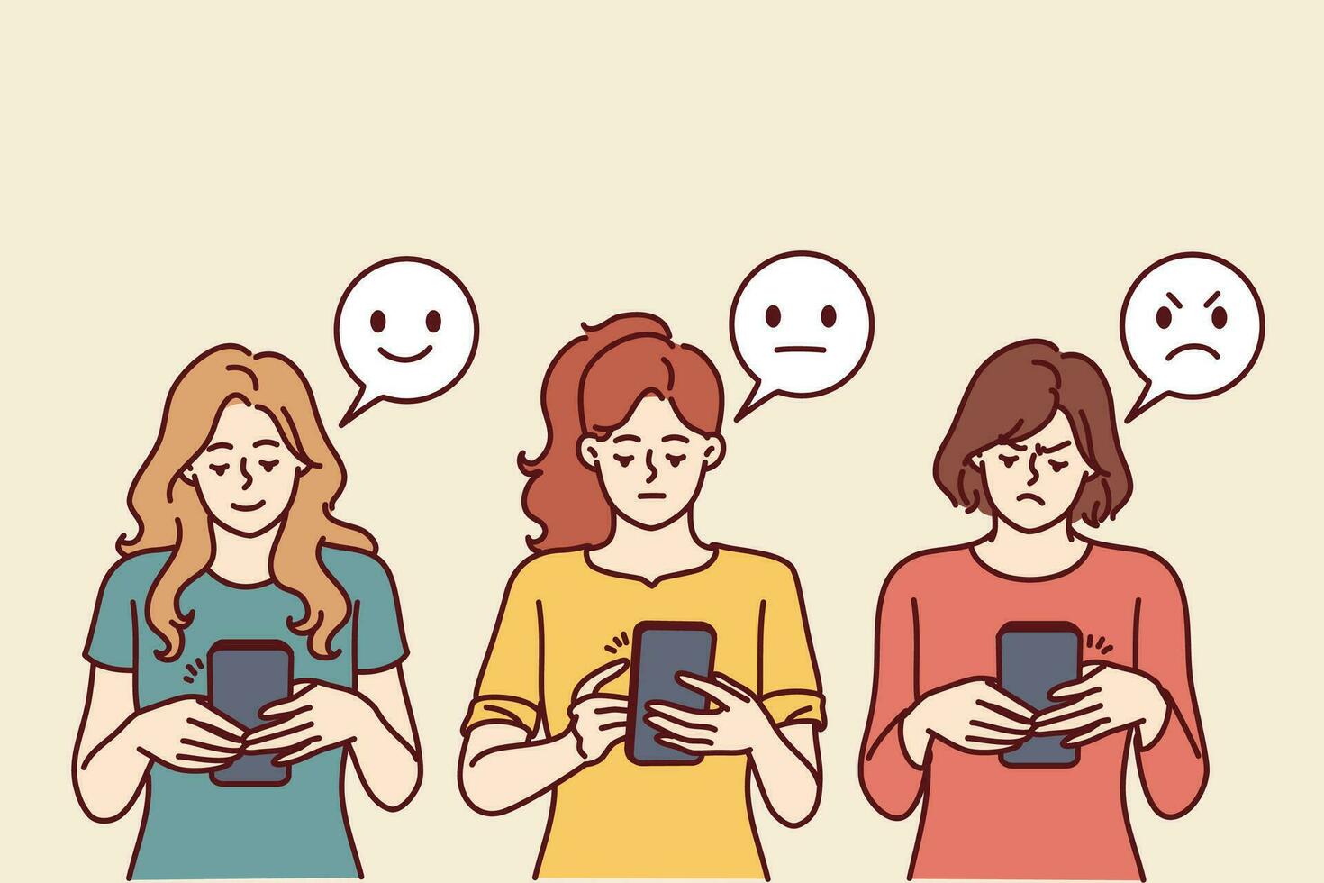 kvinnor med telefoner nära emoji med annorlunda ansiktsbehandling uttryck för internet respons begrepp. flickor med smartphones lämna positiv eller negativ respons i mobil Ansökan eller företag hemsida vektor