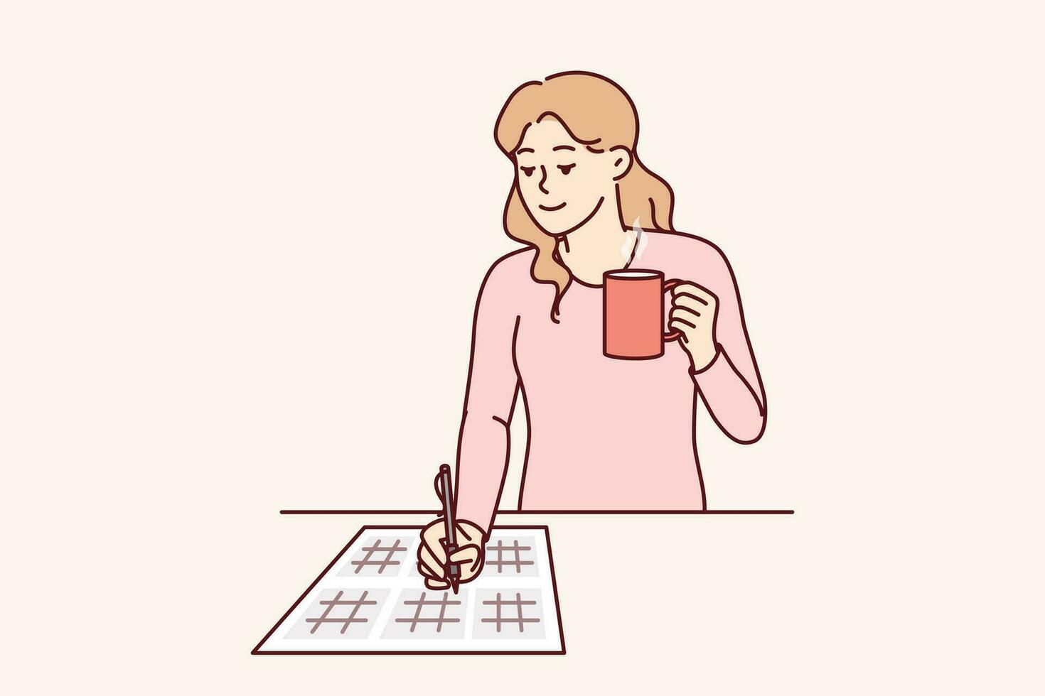 kvinna löser sudoku pussel och drycker varm te njuter matematik hjärna teasers. ung flicka med sudoku pussel på papper demonstrerar hög iq, hantera med matematisk exempel med lätthet vektor