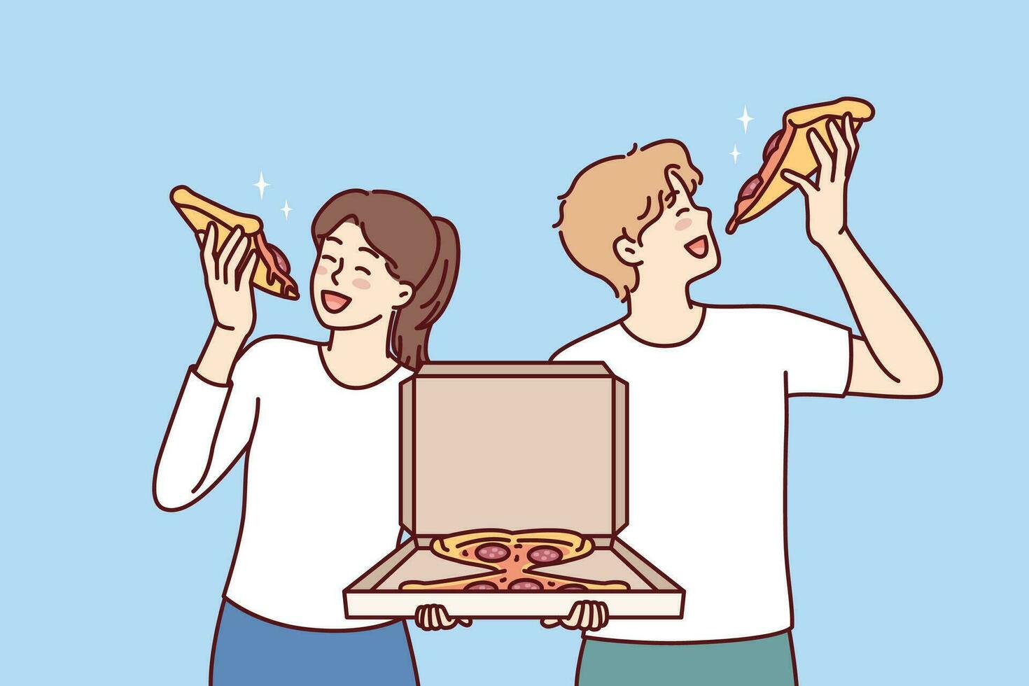 man och kvinna äta pizza innehav låda av italiensk snacks och tillfredsställande hunger tillsammans med snabb mat levereras från restaurang. par beställning pizza i pizzeria har lunch med nöje vektor