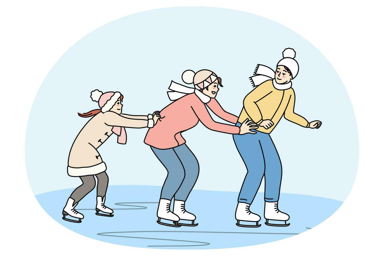 Lycklig familj ha roligt skridskoåkning på is rink på vinter- Semester tillsammans. leende föräldrar med barn njut av sport aktivitet på helgen. vektor illustration.