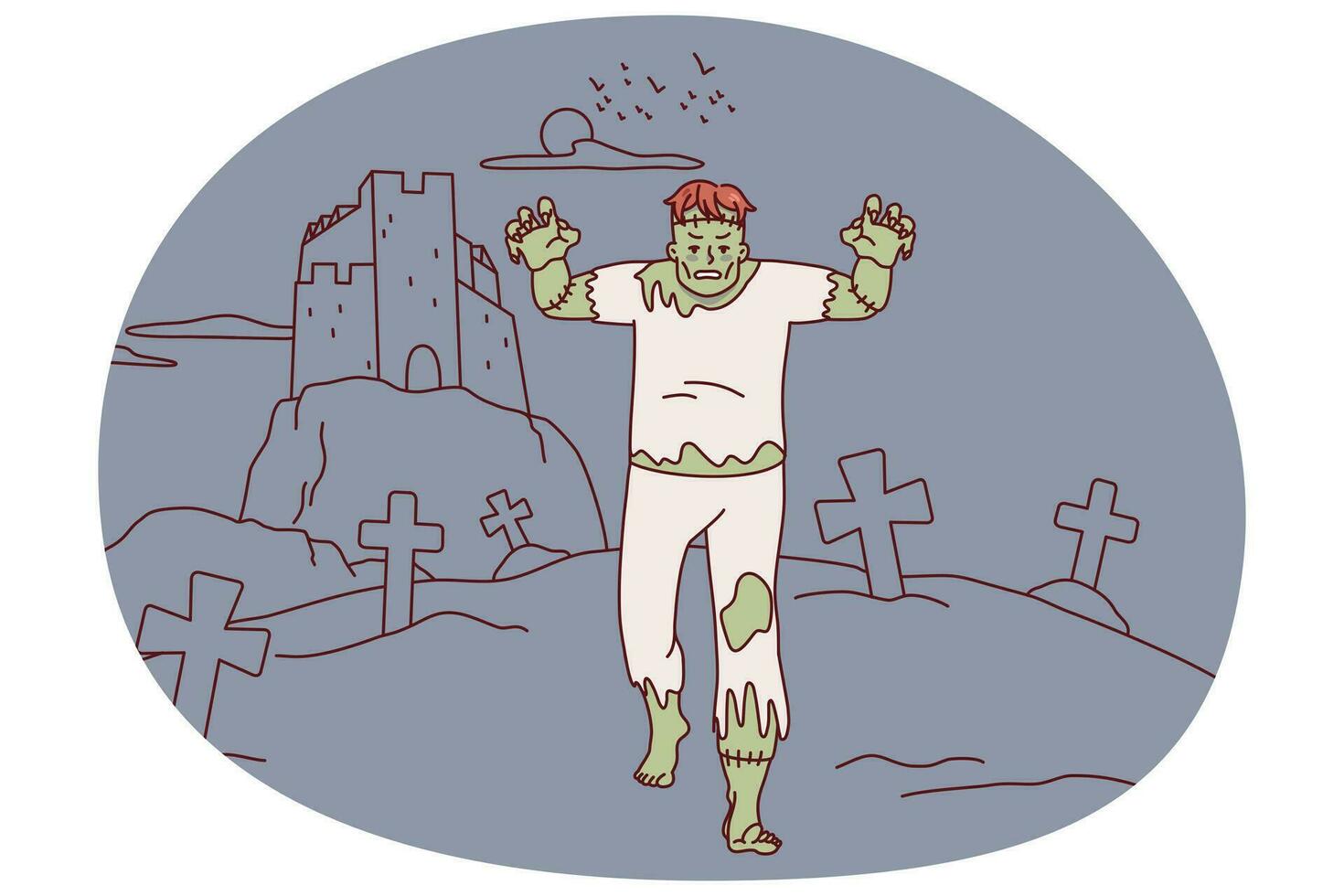 skrämmande död- gående genom kyrkogård. frankenstein gående skrämma skrämmande stad. platt vektor illustration.