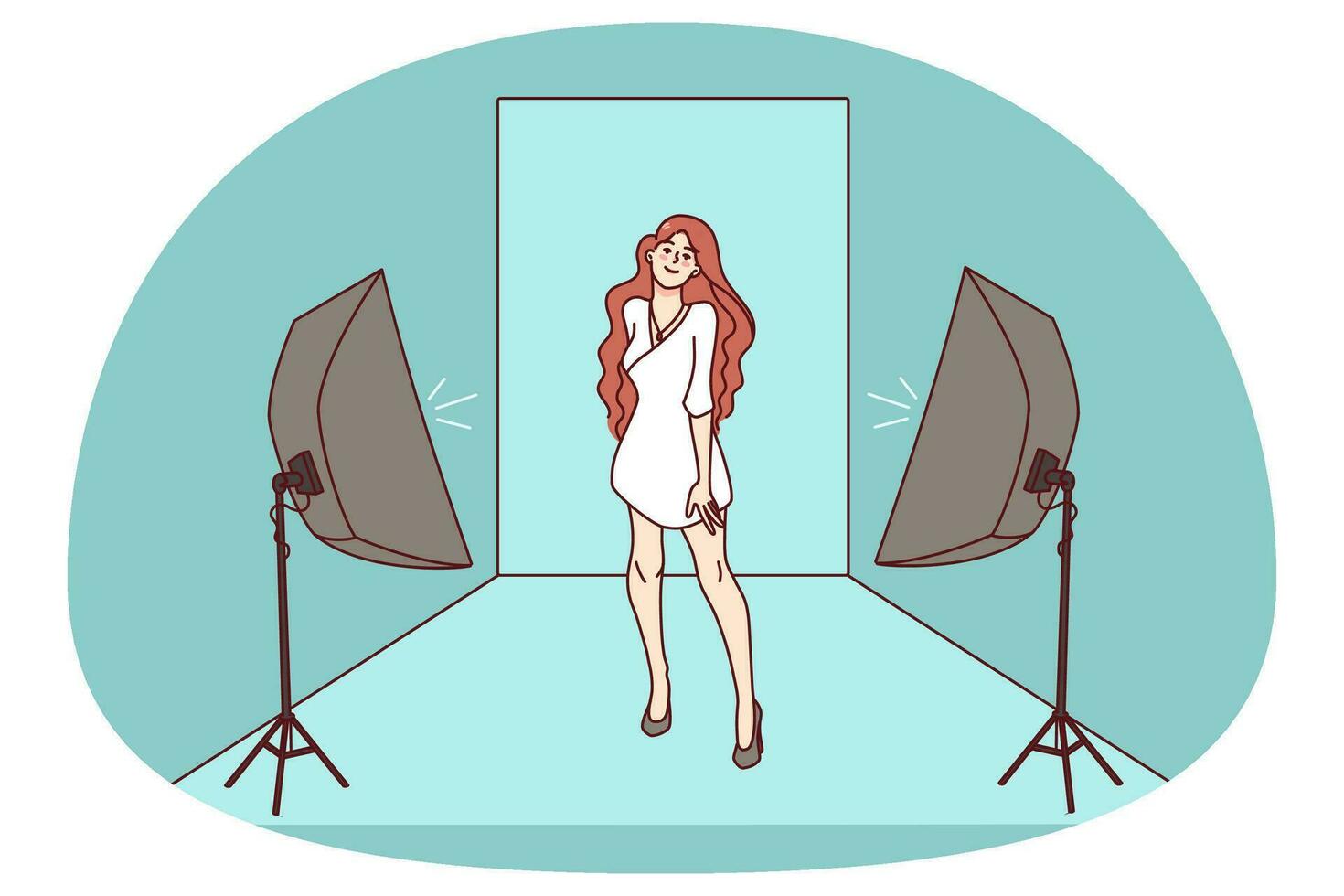 Frau Modell- Schießen mit Beleuchtung im Studio zum Werbung. lächelnd weiblich haben Fotoshooting posieren zum Mode Kampagne. eben Vektor Illustration.