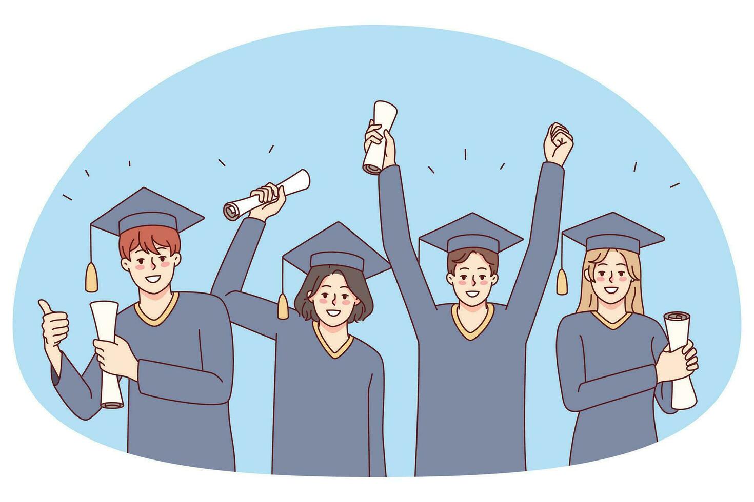 aufgeregt Menschen im Mäntel halten Diplome feiern Hochschule Abschluss. lächelnd Studenten auf Universität Grad Feier. Bildung Konzept. Vektor Illustration.