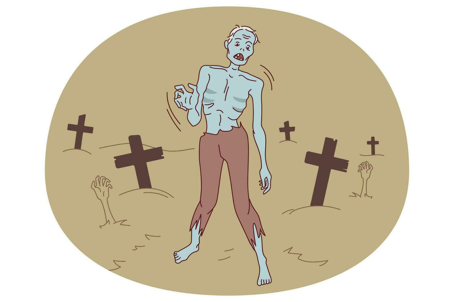 zombie gående på kyrkogård på natt. kuslig monster på halloween utanför. gående död. vektor illustration.