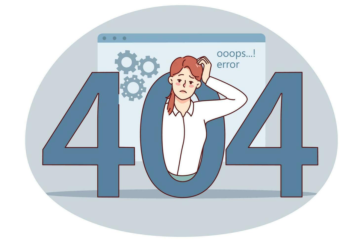 verwirrt Frau Erfahrung 404 Error auf Computer. frustriert unzufrieden weiblich Mitarbeiter haben Fehler Botschaft auf Gerät. Seite nicht gefunden. Vektor Illustration.