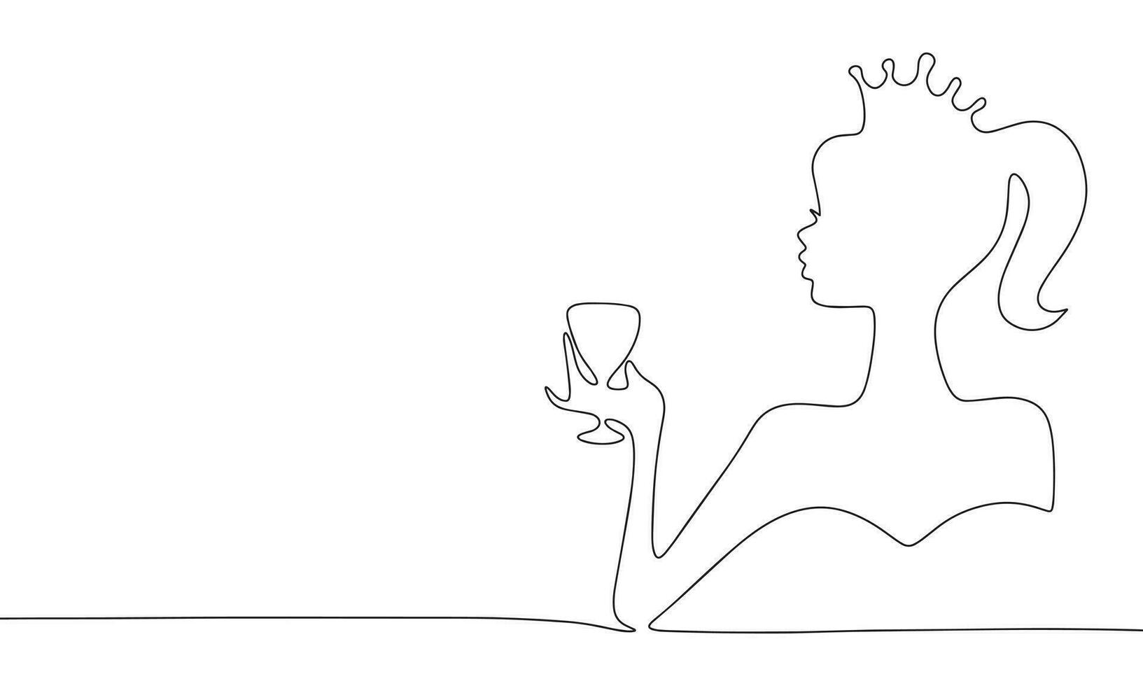 prinsessa minimal baner. ett linje kontinuerlig med kvinna med glas vektor illustration. översikt, linje konst silhuett, monolin.