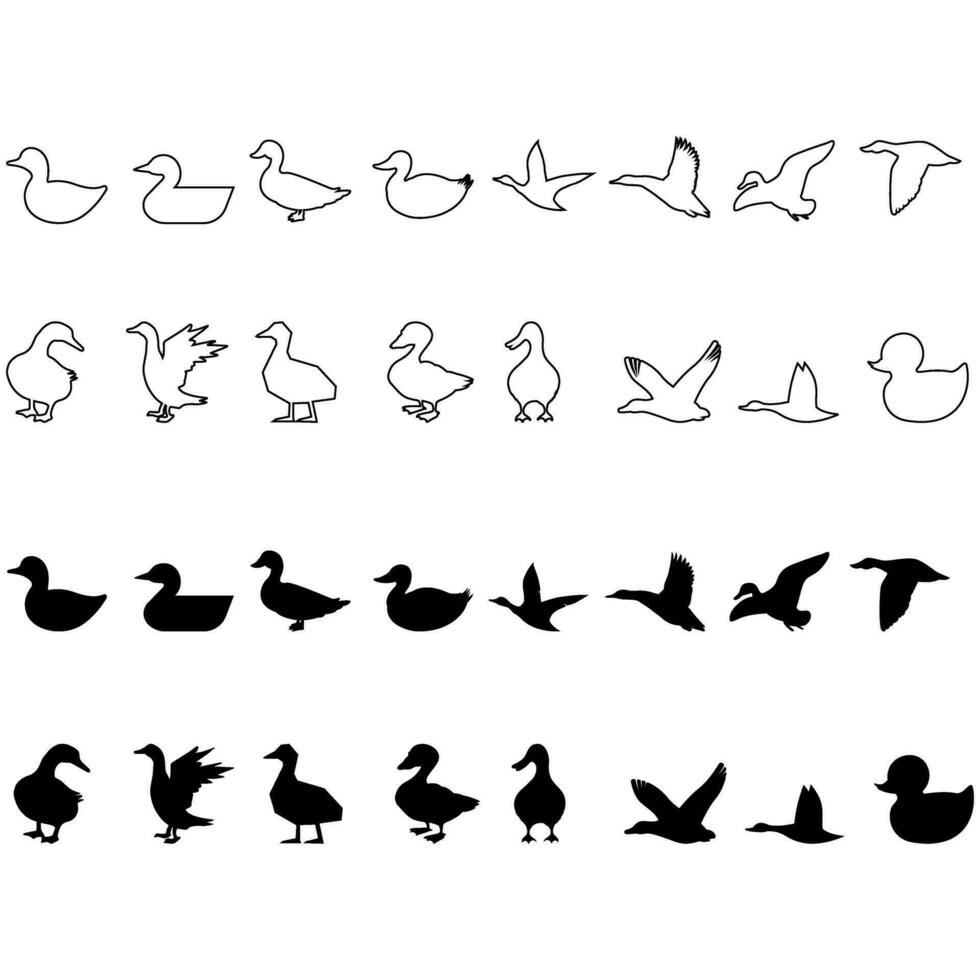 Anka ikon vektor uppsättning. fågel illustration tecken samling. jakt symbol. gås logotyp.