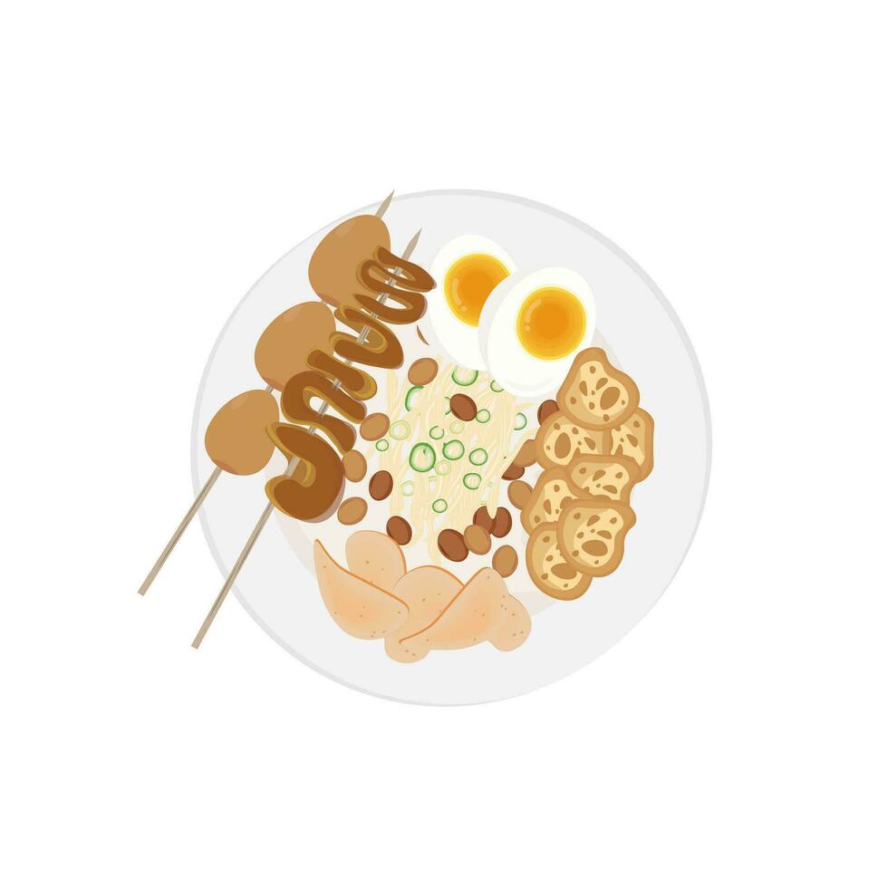 Illustration Logo von Hähnchen Haferbrei mit Komplett Belag von Wachtel Ei Satay und Darm- Satay vektor