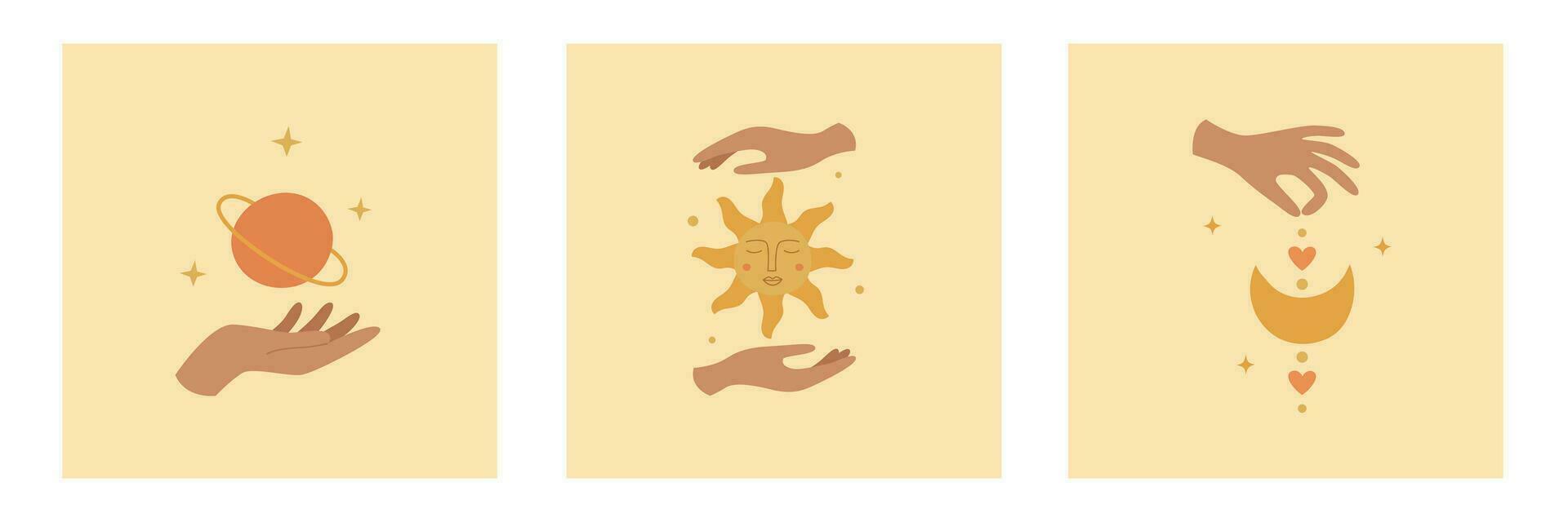uppsättning av mystisk logotyper med kvinna händer, Sol, planet och måne. mall för boho design, astrologi, horoskop vektor