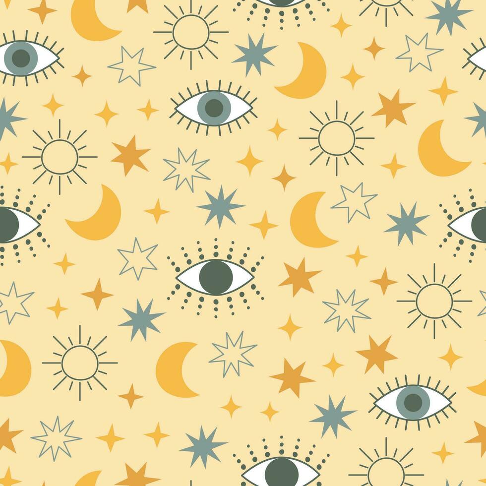 böse Auge himmlisch nahtlos Muster mit Sterne, Mond und Sonne. Gelb und Blau Farben Universum Oberfläche Design vektor