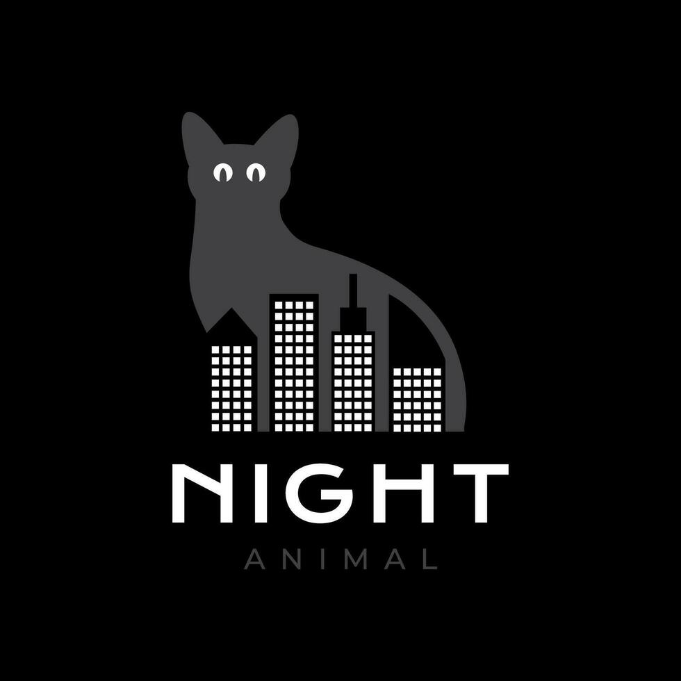 Katze Nacht Stadt Gebäude dunkel modern Maskottchen minimal Logo Symbol Vektor Illustration