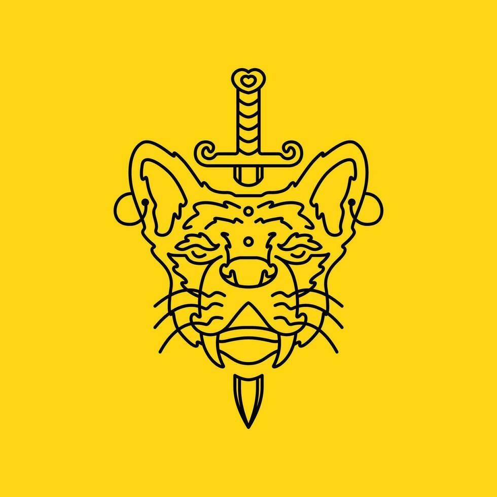 gammal tiger med svärd rader minimal enkel maskot logotyp vektor ikon illustration