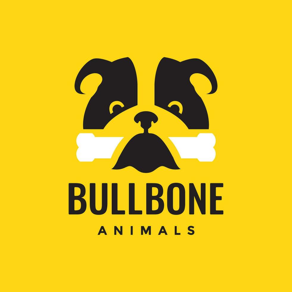 bulldogg husdjur hund söt äta ben smak mat maskot tecknad serie platt modern logotyp ikon vektor illustration