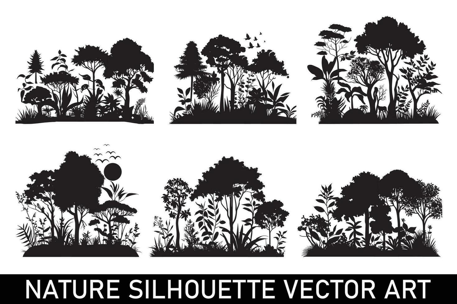 skog silhuett illustration bunt, natur silhuett ClipArt bunt, natur silhuett design bunt, skog silhuett bakgrund bunt. vektor