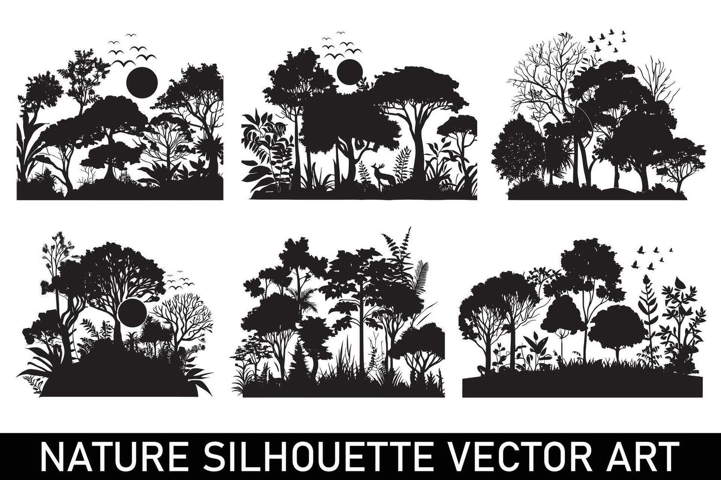 skog silhuett illustration bunt, natur silhuett ClipArt bunt, natur silhuett design bunt, skog silhuett bakgrund bunt. vektor