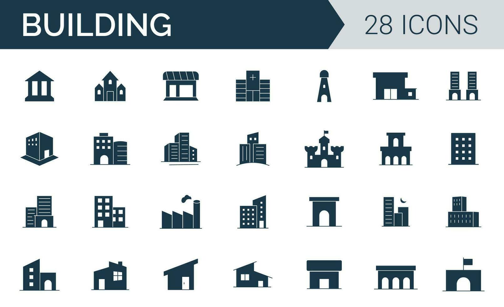 Gebäude Symbol Satz. Zikonen wie Gebäude, die Architektur, Konstruktion, echt Anwesen, heim, Büro, und Schloss solide Symbol Vektor