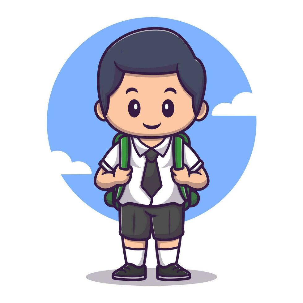 süß Junge tragen Schule Uniform und Tragen ein Tasche Karikatur Vektor Symbol Illustration