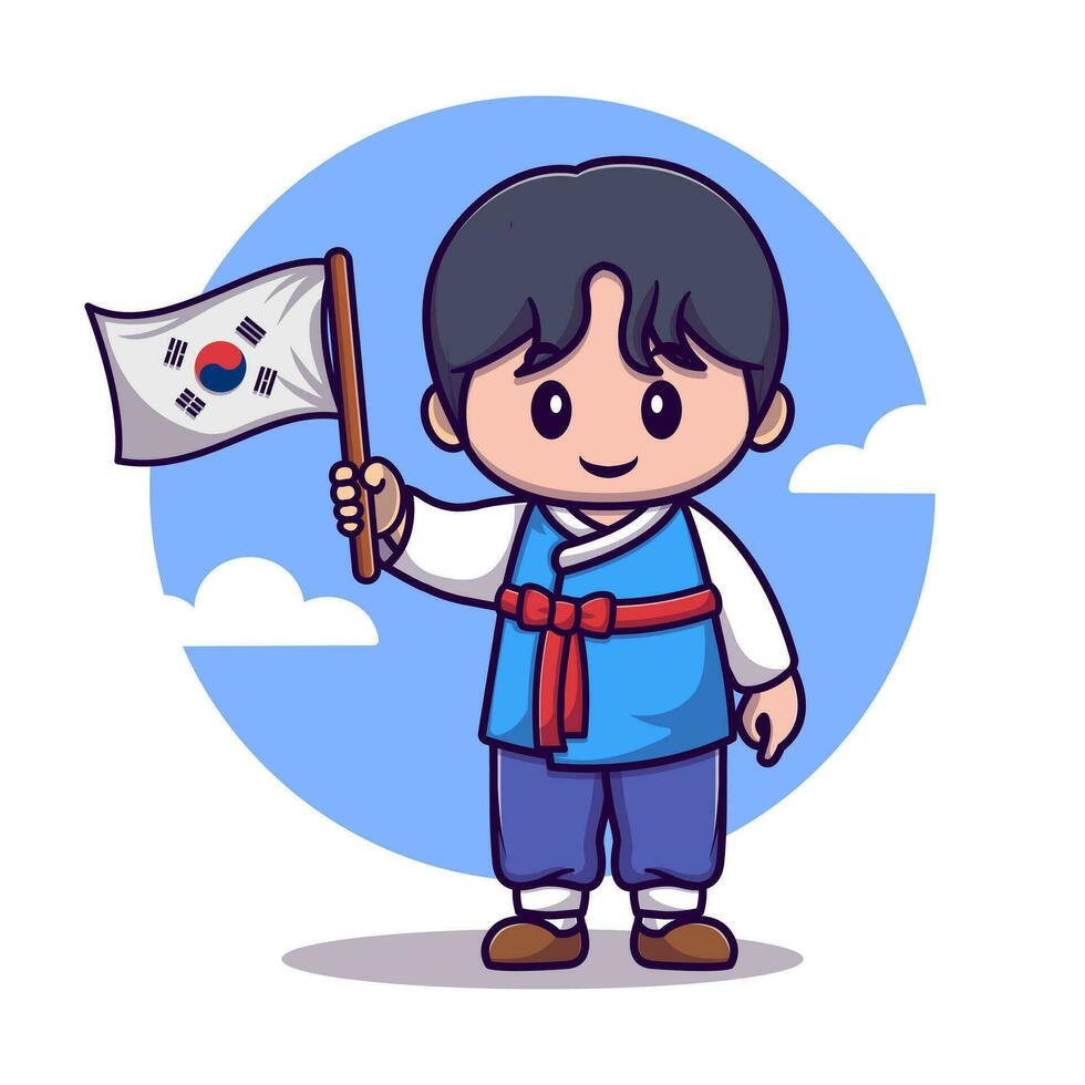 süß Junge tragen traditionell Kleider und halten Koreanisch Flagge Karikatur Vektor Symbol Illustration