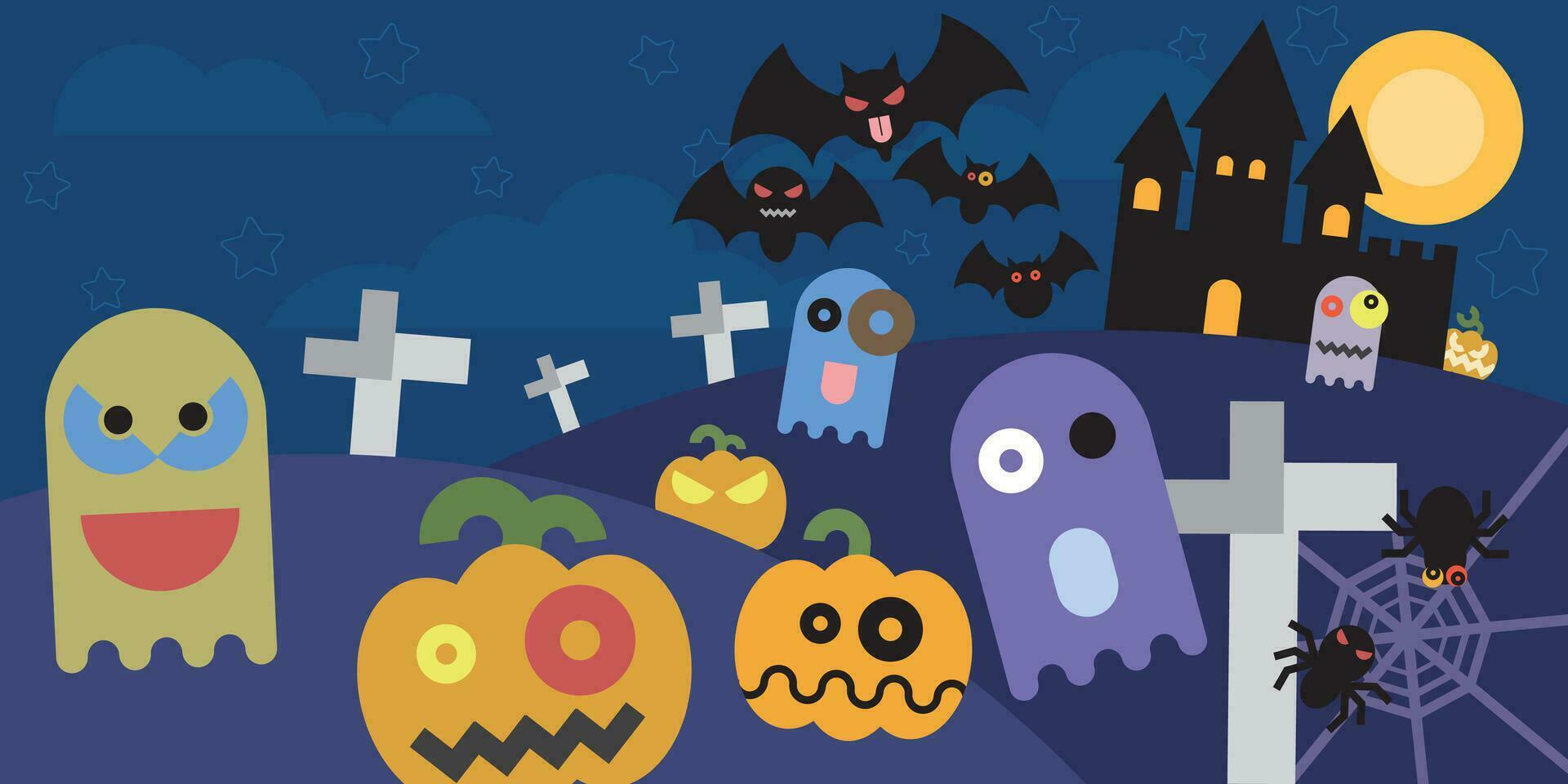 halloween vektor illustration med fladdermöss, full måne, spöke, pumpor, Spindel, och besatt hus. halloween begrepp från geometrisk form levande färger.