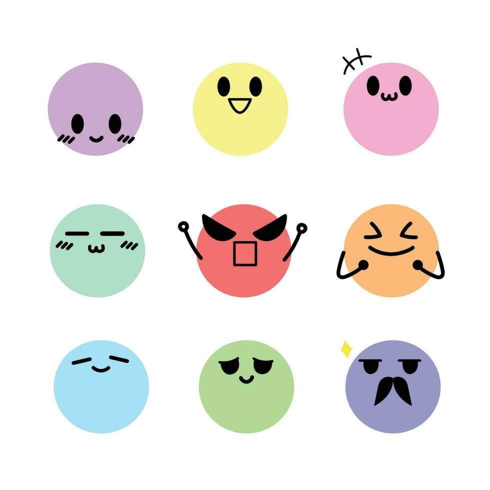 Emoji Satz, Gesichter Emotionen, ausdrucksvoll Gesichter, kawaii süß Gesichter, eben Design, Pastell- Symbole, und Vektor Illustration Symbole einstellen