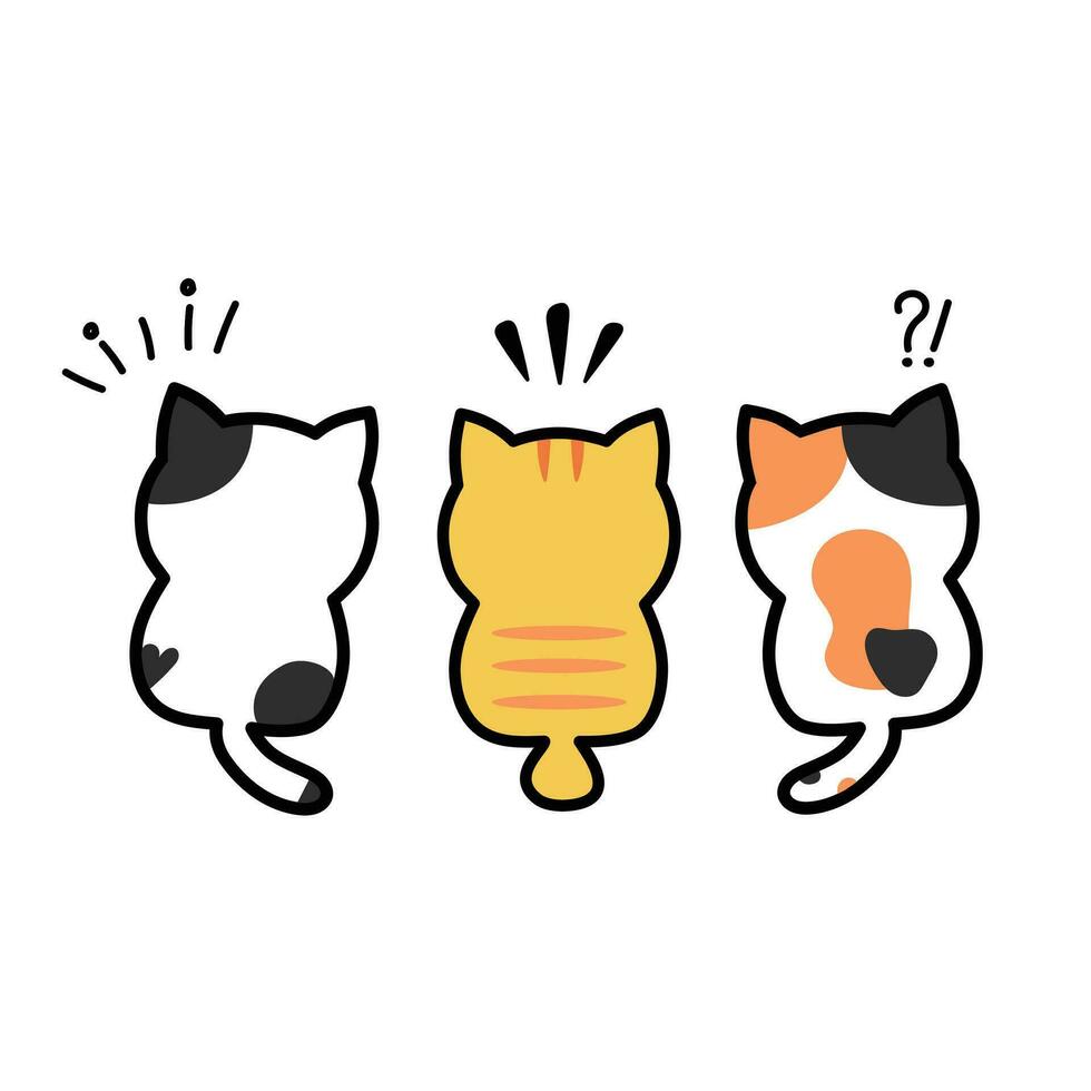 Hand gezeichnet Vektor Kunst International Katze Tag mit Trio von süß Katzen, Karikatur Stil, Illustration. Eigenschaften das Rücken von drei bezaubernd Katzen - - ein Orange getigert, ein dreifarbig Kattun, und ein entdeckt katzenartig.