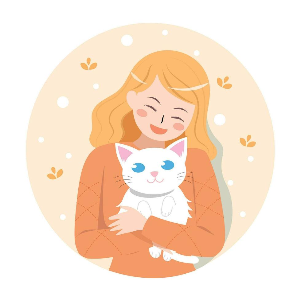 International Katze Tag Feier ein Frau umarmen ein Katze, Glücklich, aufhellen Ihre Tag, Karikatur süß Stil, Hand gezeichnet, eben Design, und Vektor Illustration isoliert auf Weiß Hintergrund.