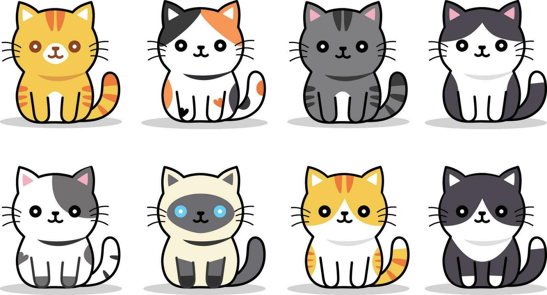 en samling av söt katter med olika mönster och karaktär enkel, maskotar uppsättning, klotter, tecknad serie, stil, och hand dragen med platt design, katt dag, och vektor illustration