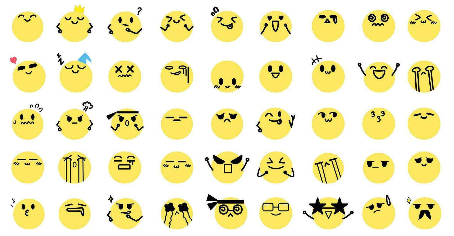 ansikte uttryckssymboler i en tecknad serie stil, hand dragen med platt design, emoji, och vektor illustration ikoner uppsättning