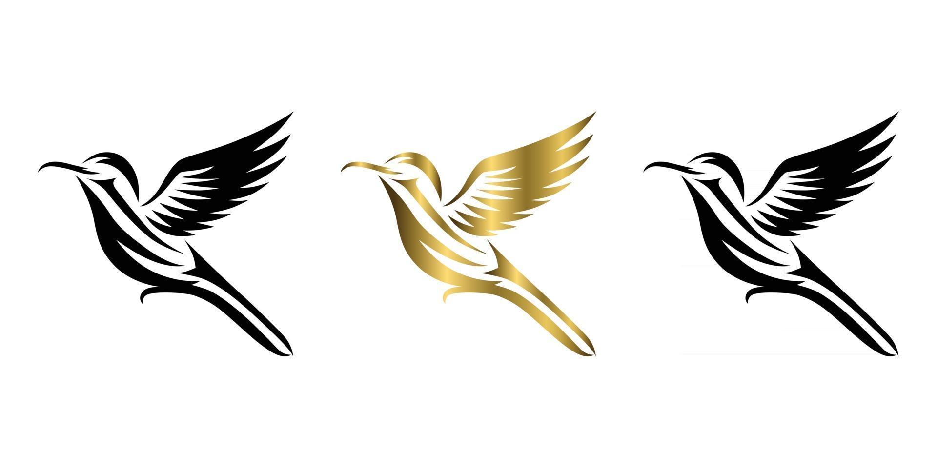 fliegender Kolibri dreifarbige schwarze Goldsilberlinie Kunstvektorillustration auf einem weißen Hintergrund, der für die Herstellung des Logos geeignet ist vektor
