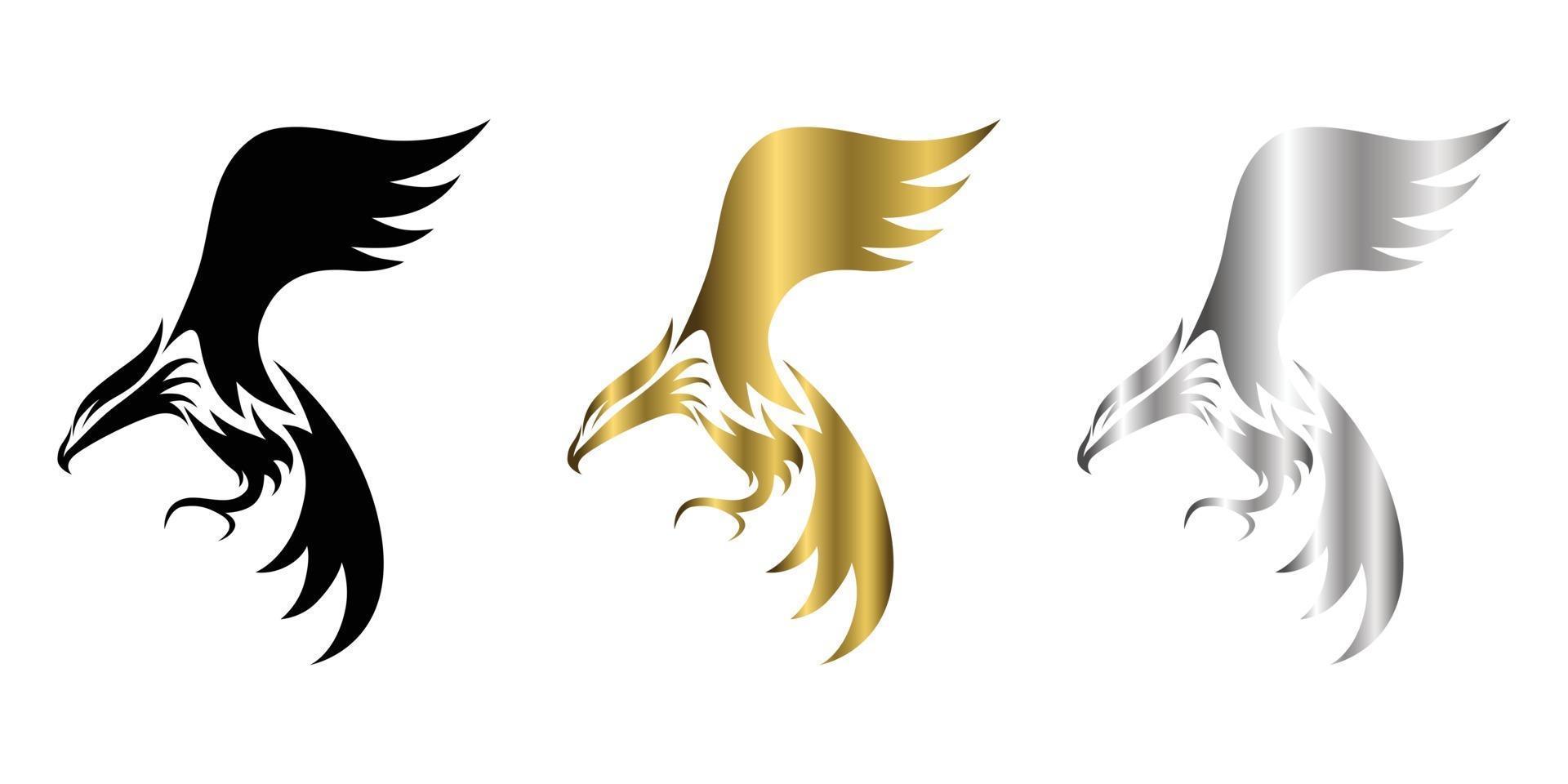 tre färg svart guld silver vektor logotyp av örn som flyger