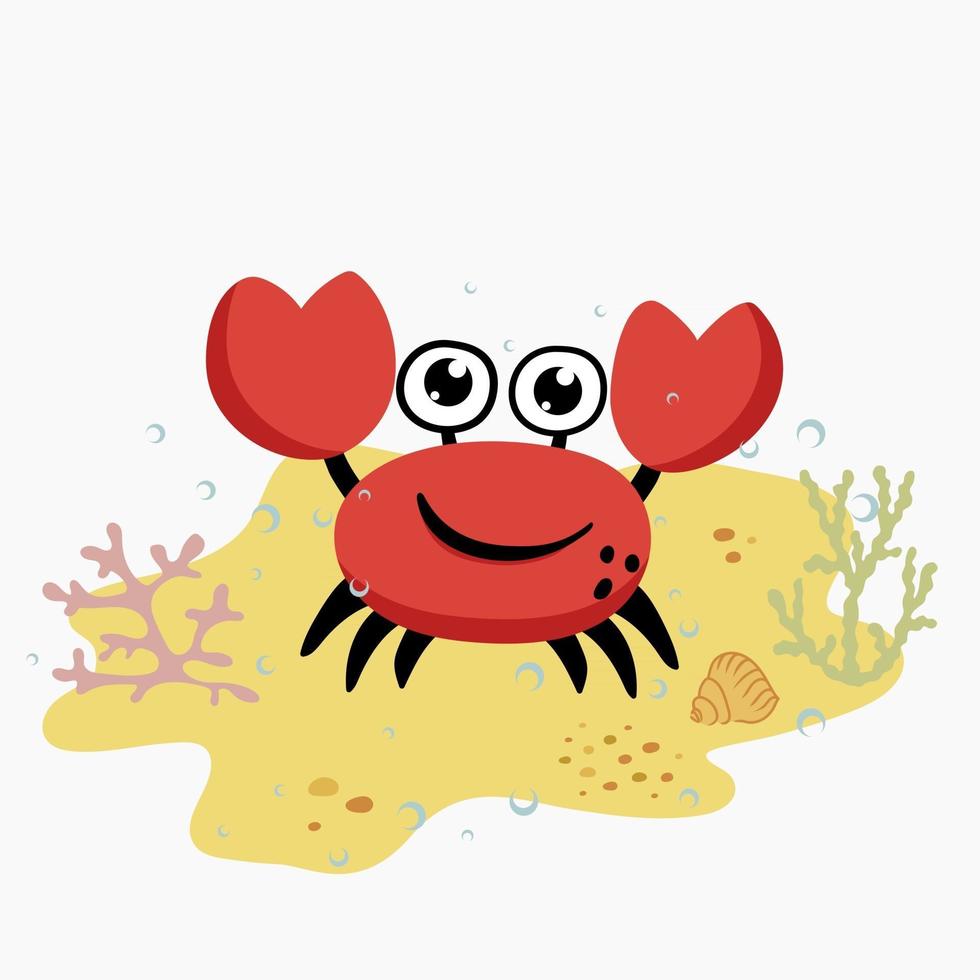 lustige süße Krabbe auf dem Sand mit Algen und Muschel und Wasserblasen vektor