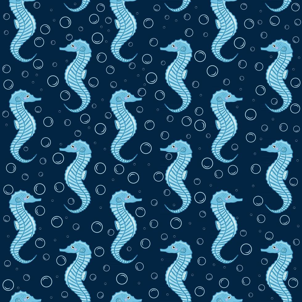 söt tecknad sjöhäst sömlös utskrift sjöhäst och bubblor på en mörkblå bakgrundsvektorillustration vektor