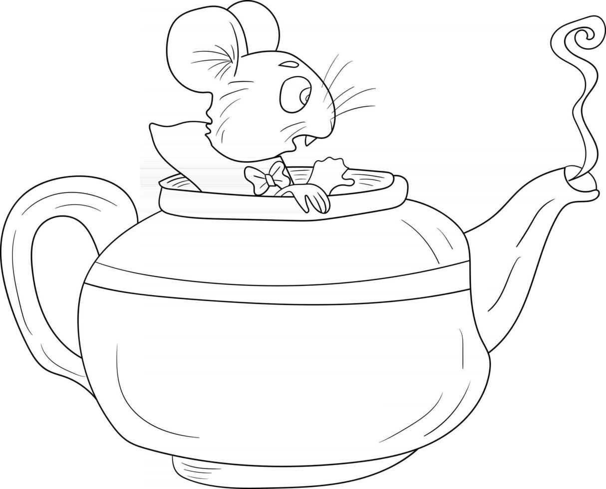 Umriss Maus auf einer Teekanne Alice im Wunderland perfekt zum Ausmalen vektor