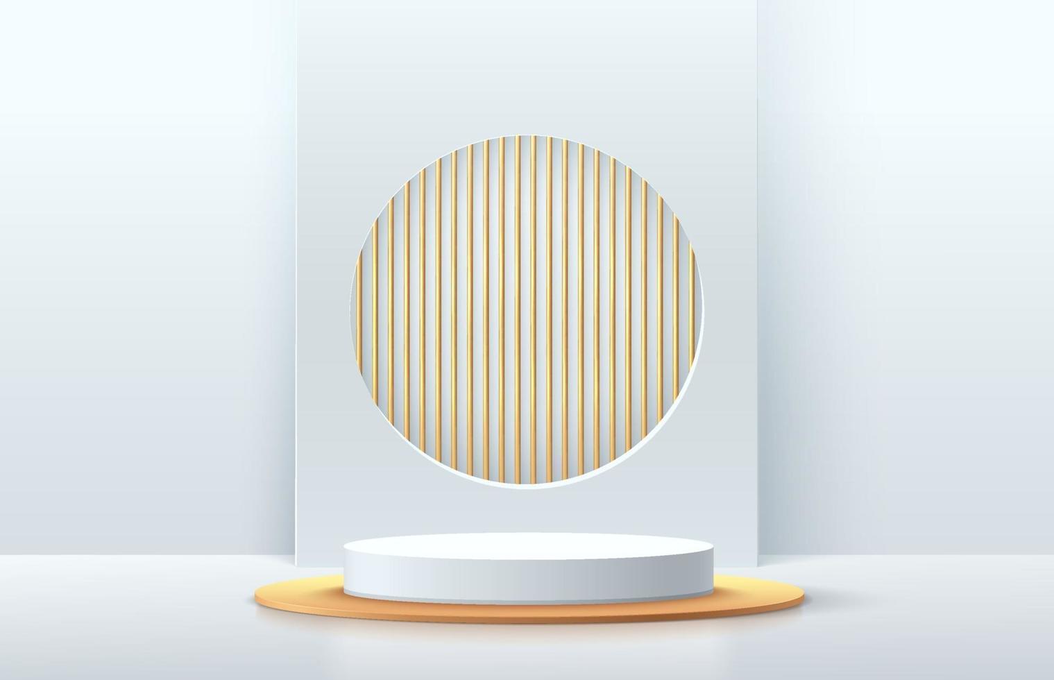modernes weißes und goldenes Zylindersockelpodest. silberfarbene minimale wandszene. geometrischer Hintergrund mit vertikalem goldenem Streifen. Vektor-Rendering 3D-Form, Produktpräsentation. abstrakter Raum. vektor