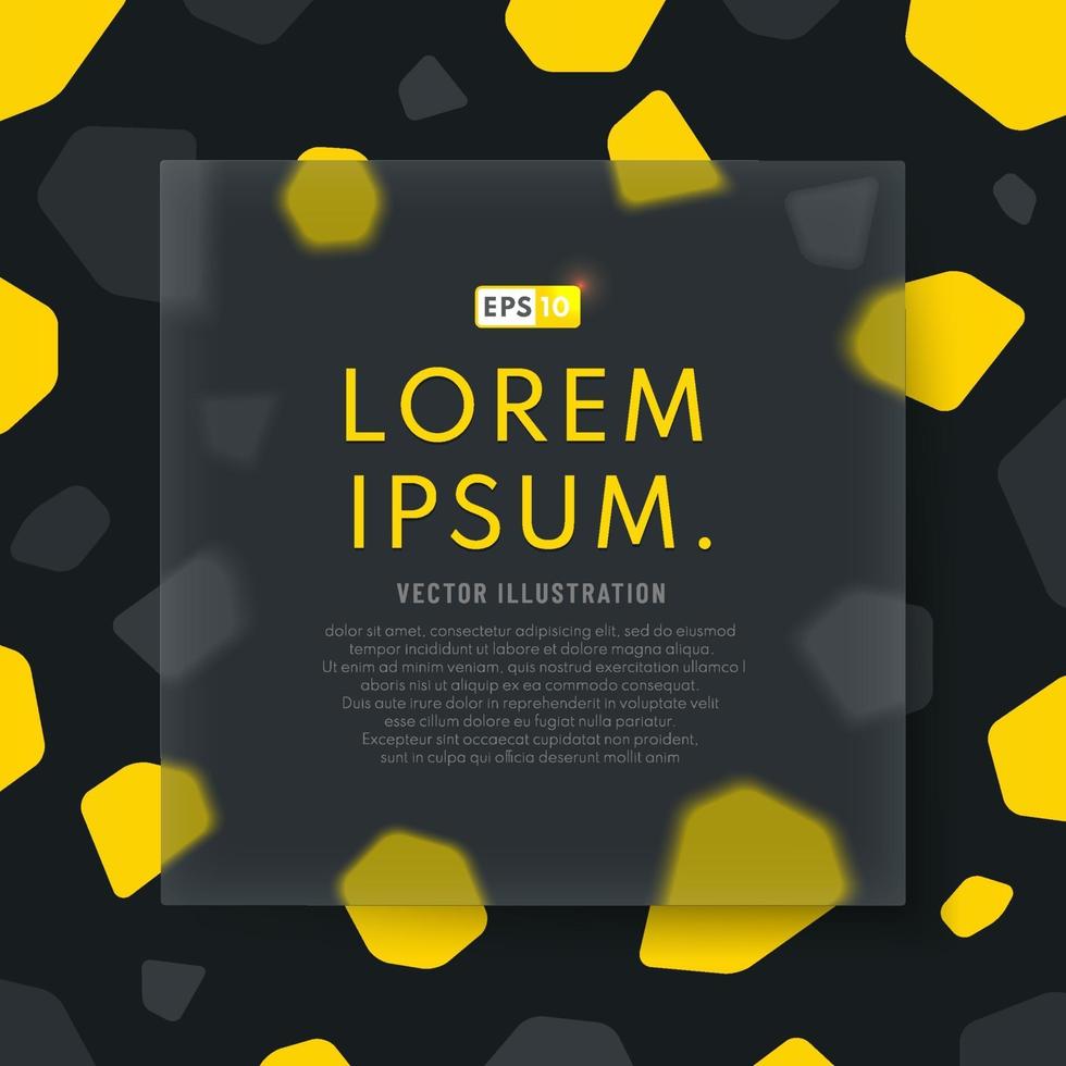 abstrakt gult geometriskt och fyrkantigt genomskinligt glas på svart bakgrund. glas morfism bakgrund med plats för din text. vektor illustration.