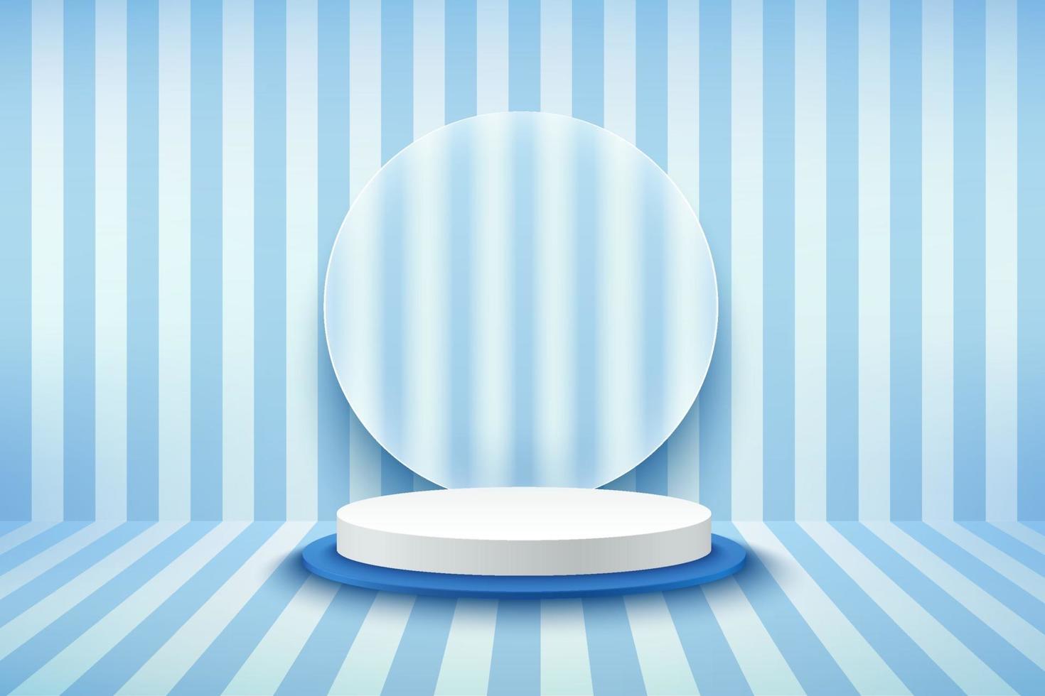 modernes blaues und weißes Zylinderpodest mit transparentem Glas und blauem Hintergrund mit vertikalen Streifen. vektor